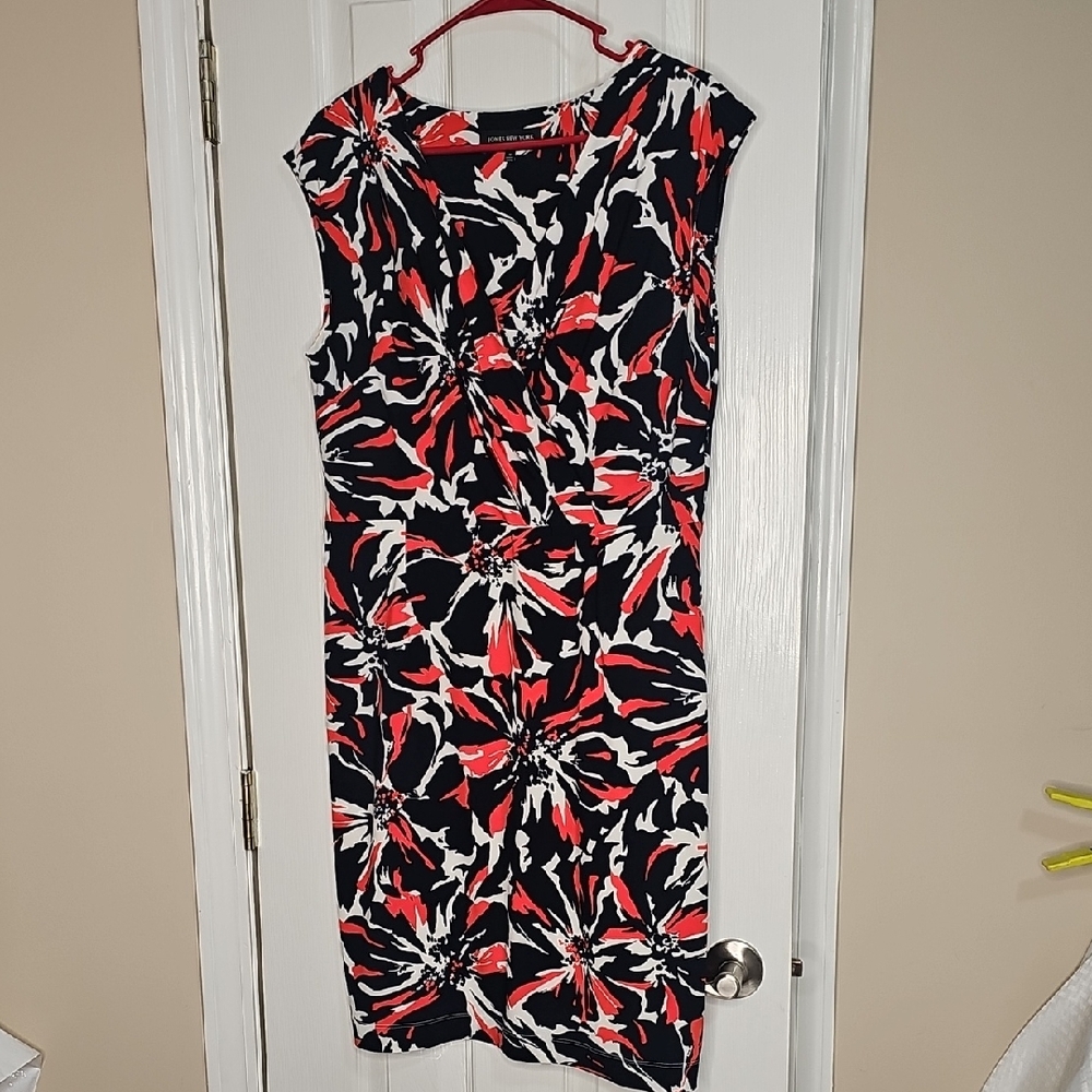 Jones New York Orange & Navy Abstract Midi‎ Dress Lined